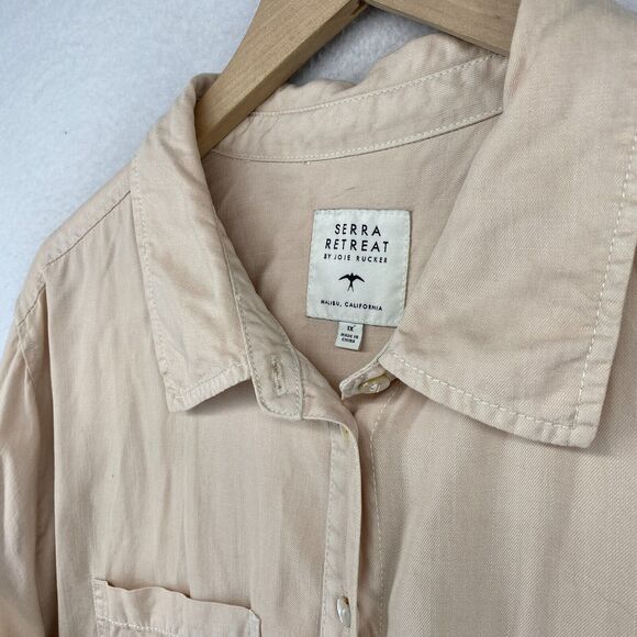 SERRA RETREAT Top Women 1X Lyocell Utility Shirt Button Front Long Sleeve Beige - Picture 2 of 13